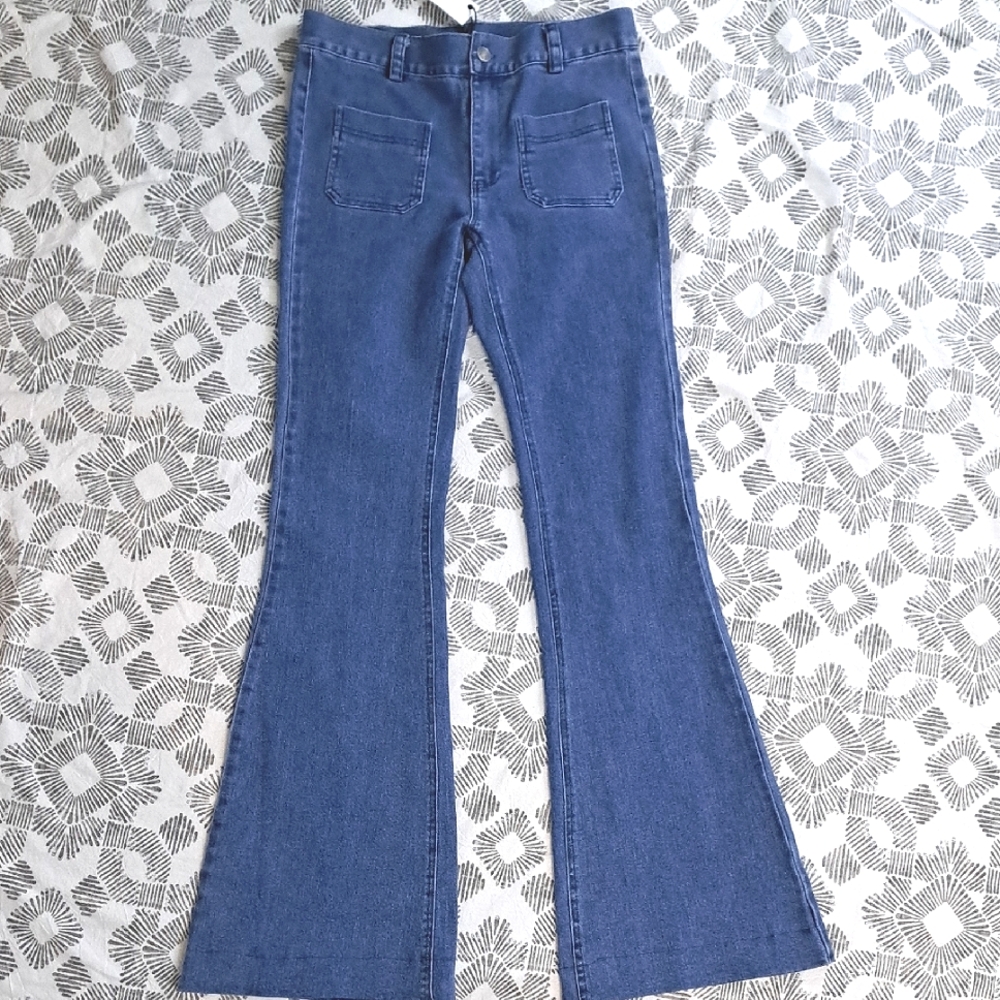 Newbury Kustom Blue Stretch Flared Jeans Front Pockets 10" Rise SzM Waist 30"